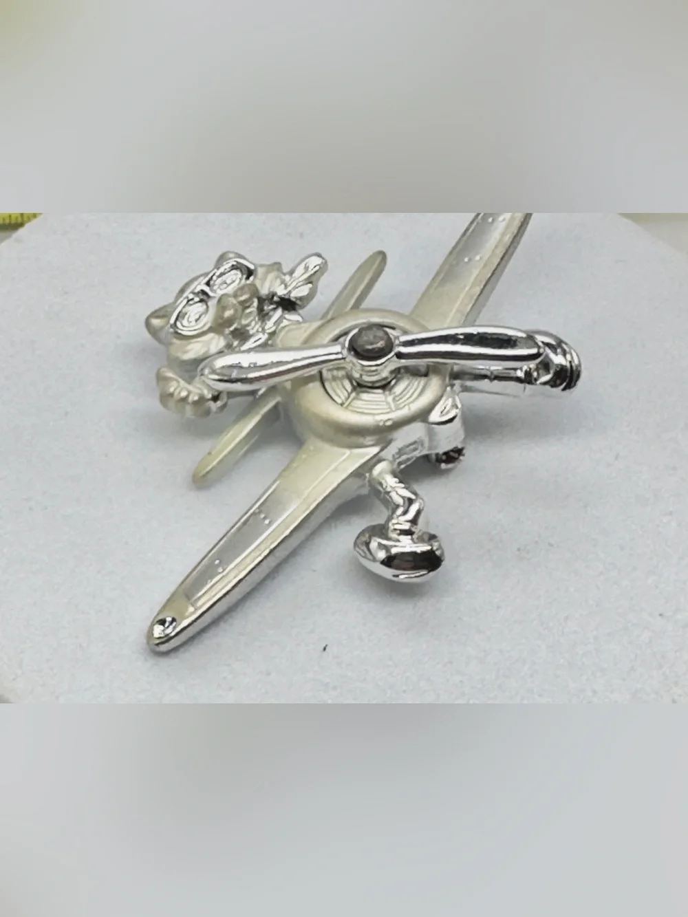 Vintage AJC Silver Tone Cat Airplane Brooch Propeller Figural Aviator Kitty